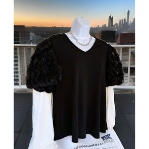 Adrianna Papell Knit Popover Top L Black Organza Puff Short Sleeve V-neck